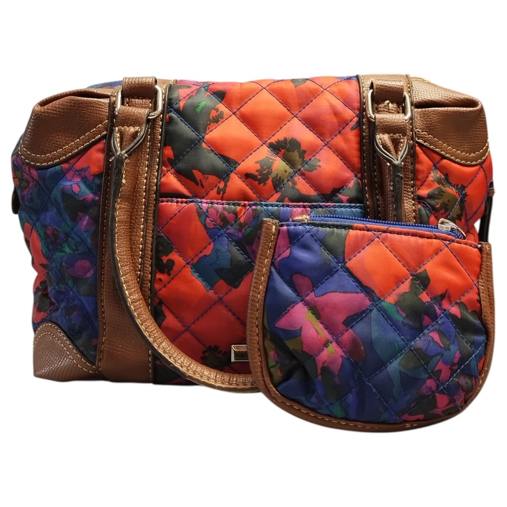 Set of 2 Franco Sarto Satchel Bag Womens Multi Floral Quilted w/ Keychain Wallet